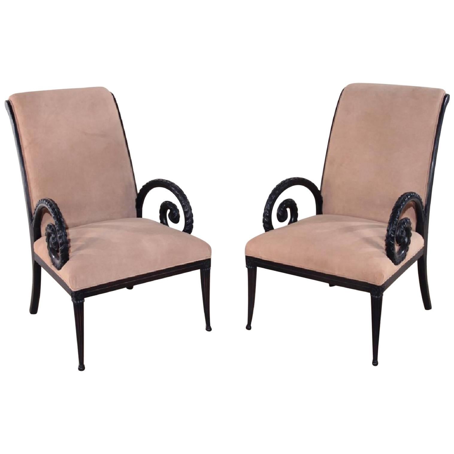 Pair of Ebonized Scrolled Armchairs by Grosfeld House, circa 1960s For Sale