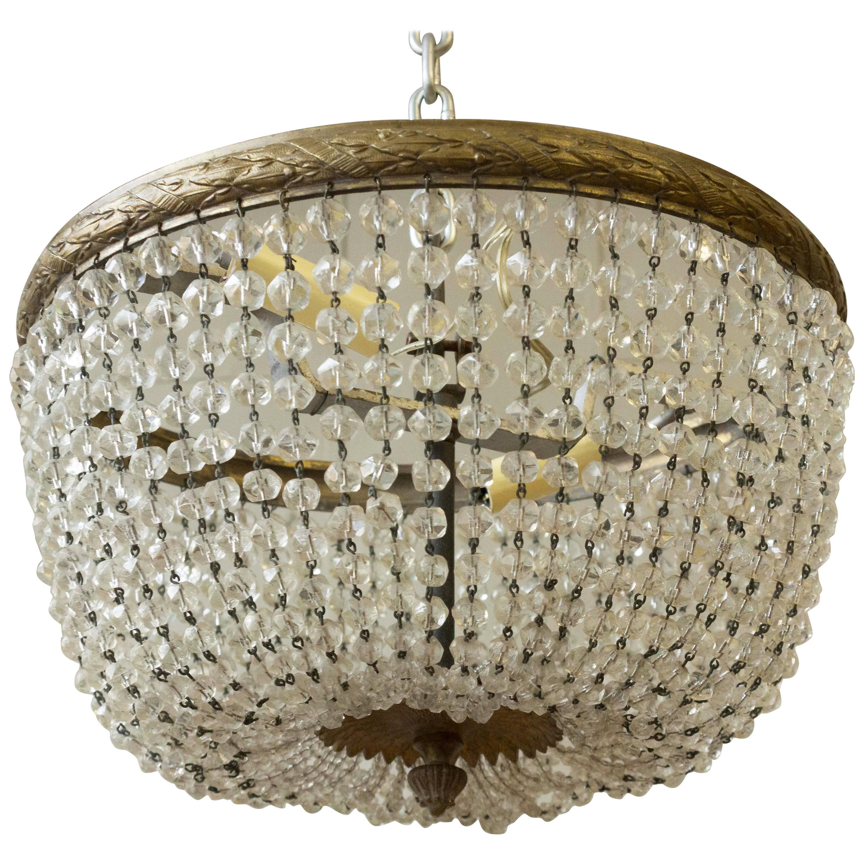 Small French Brass & Glass Beaded Ceiling Fixture