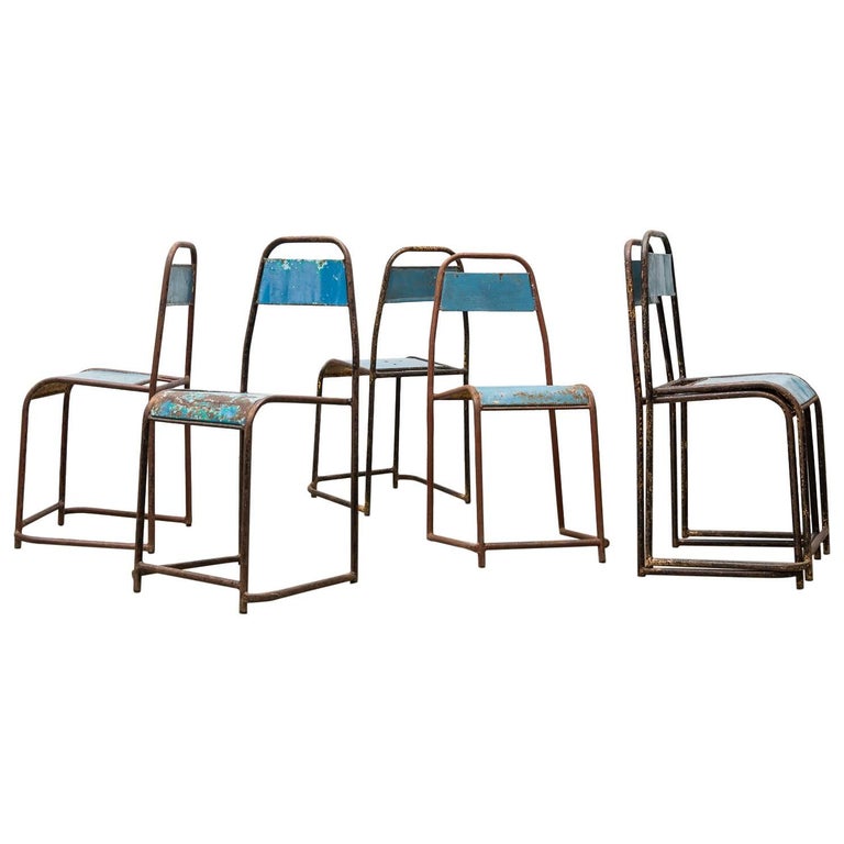 Industrial Blue Enameled Sheet Metal Stacking Garden Chairs at 1stDibs