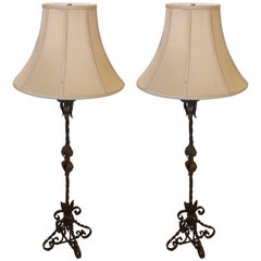 Very Tall Pair of French Wrought Iron Candlestick Lamps