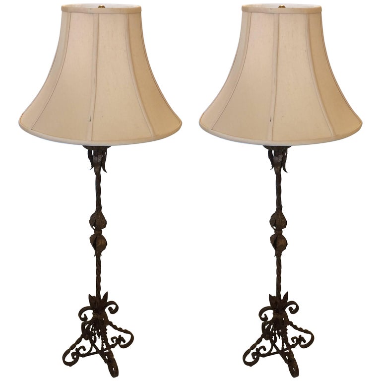 Very Tall Pair of French Wrought Iron Candlestick Lamps For Sale at 1stdibs