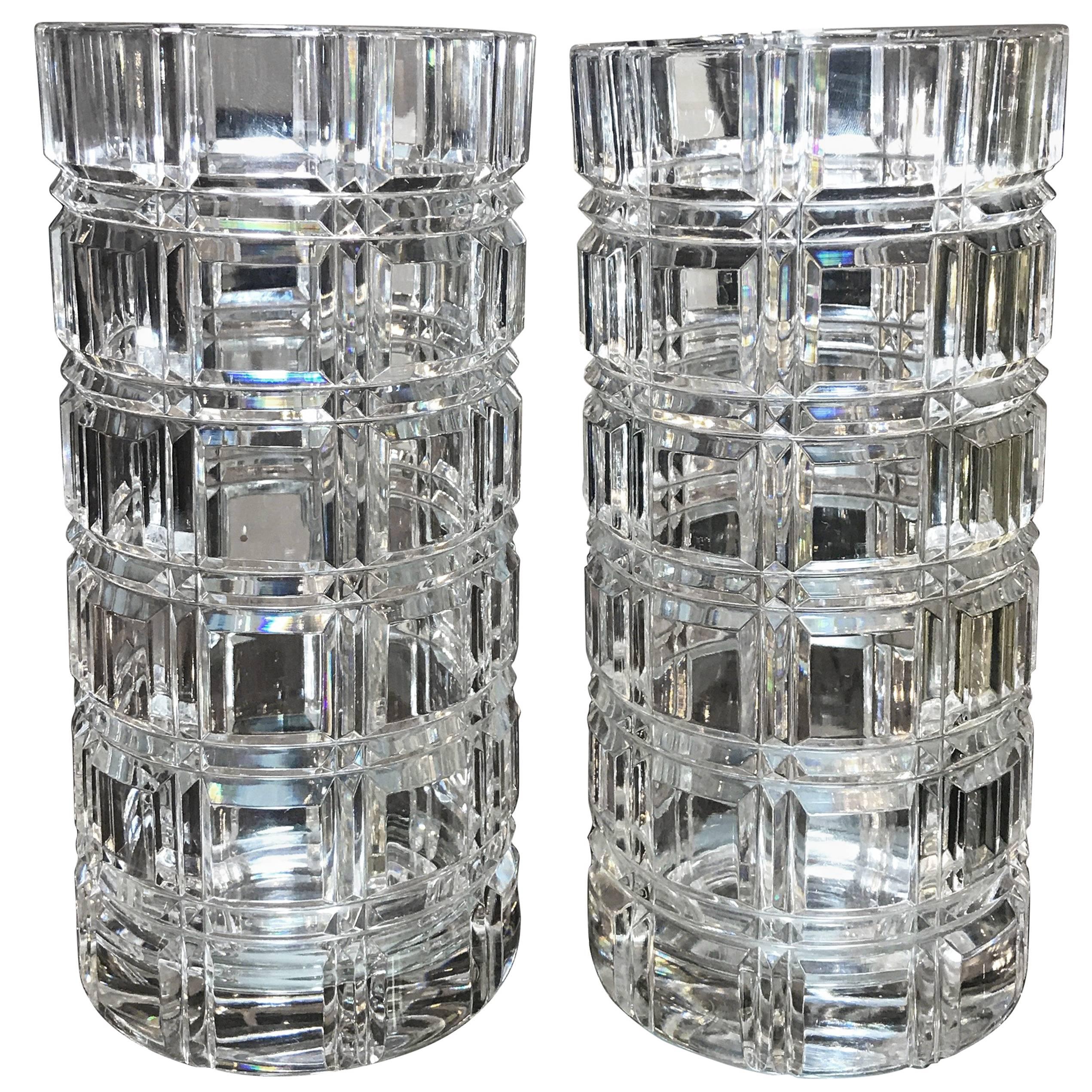 Pair of Heavy Cut Crystal Cylinder Vases, circa 1950