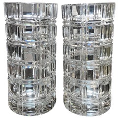 Used Pair of Heavy Cut Crystal Cylinder Vases, circa 1950