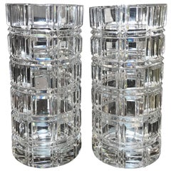 Retro Pair of Heavy Cut Crystal Cylinder Vases, circa 1950