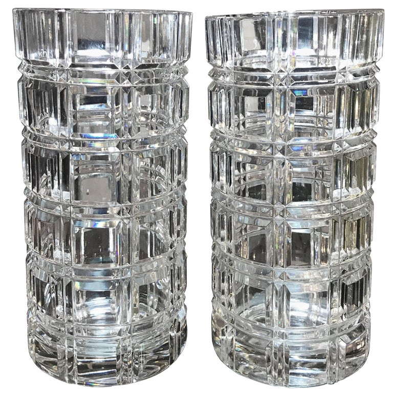 Pair of Heavy Cut Crystal Cylinder Vases, circa 1950 at 1stDibs