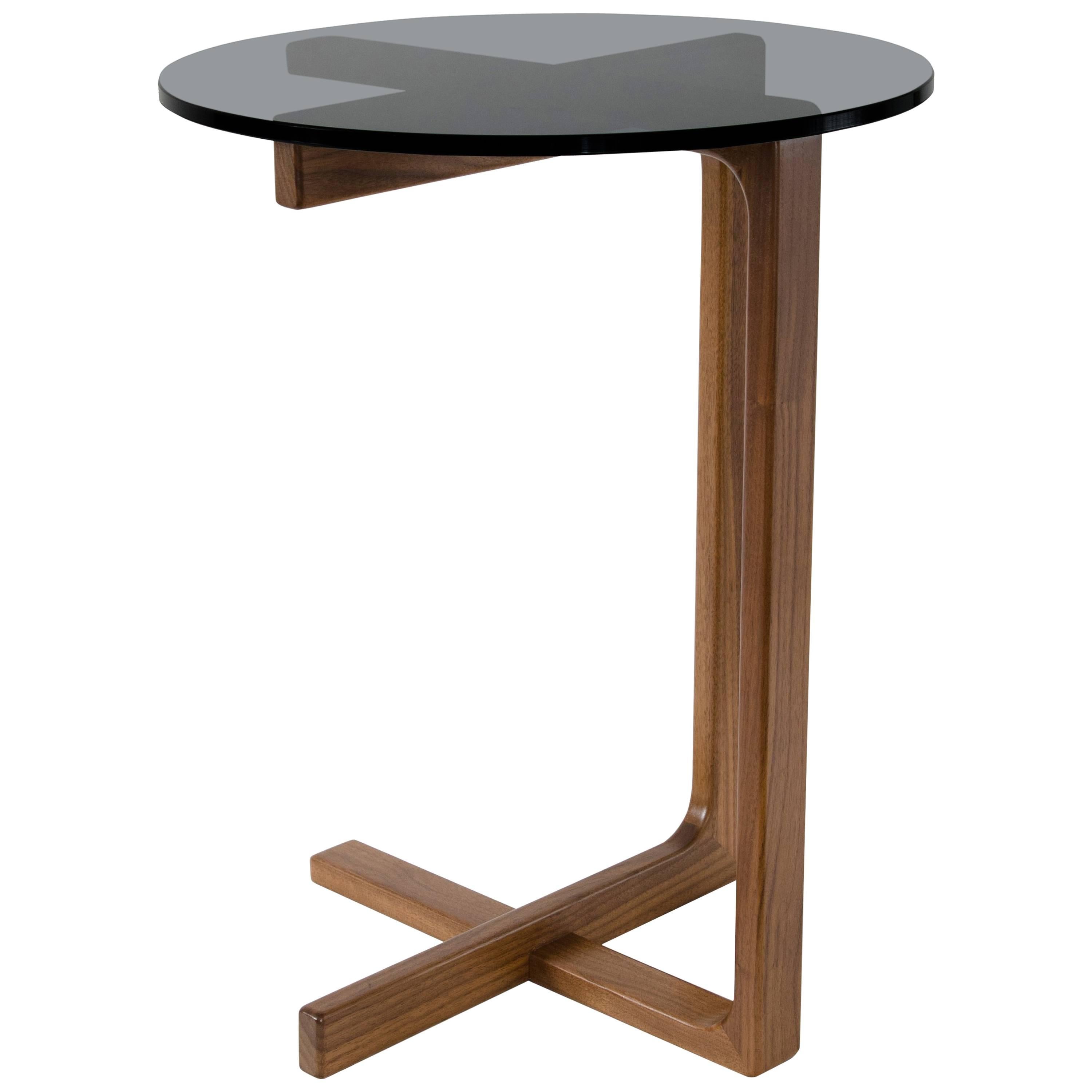 Peasant Contemporary Side Table with Walnut Frame and Glass Top For Sale