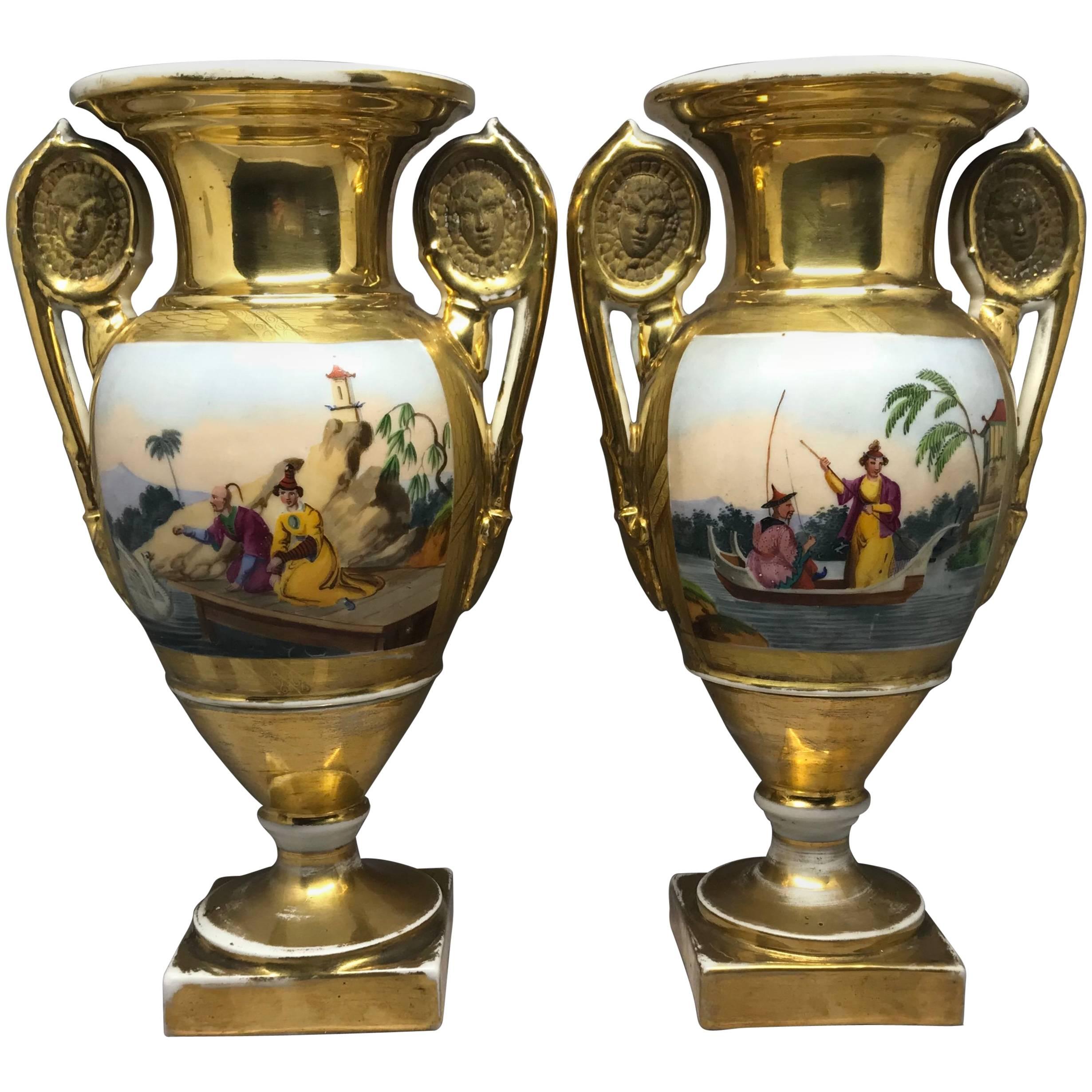 Pair of Empire Gilt Chinoiserie Vases