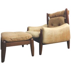 Brazilian Oak Leather Lounge Chair and Ottoman in the Manner of Sergio Rodrigues