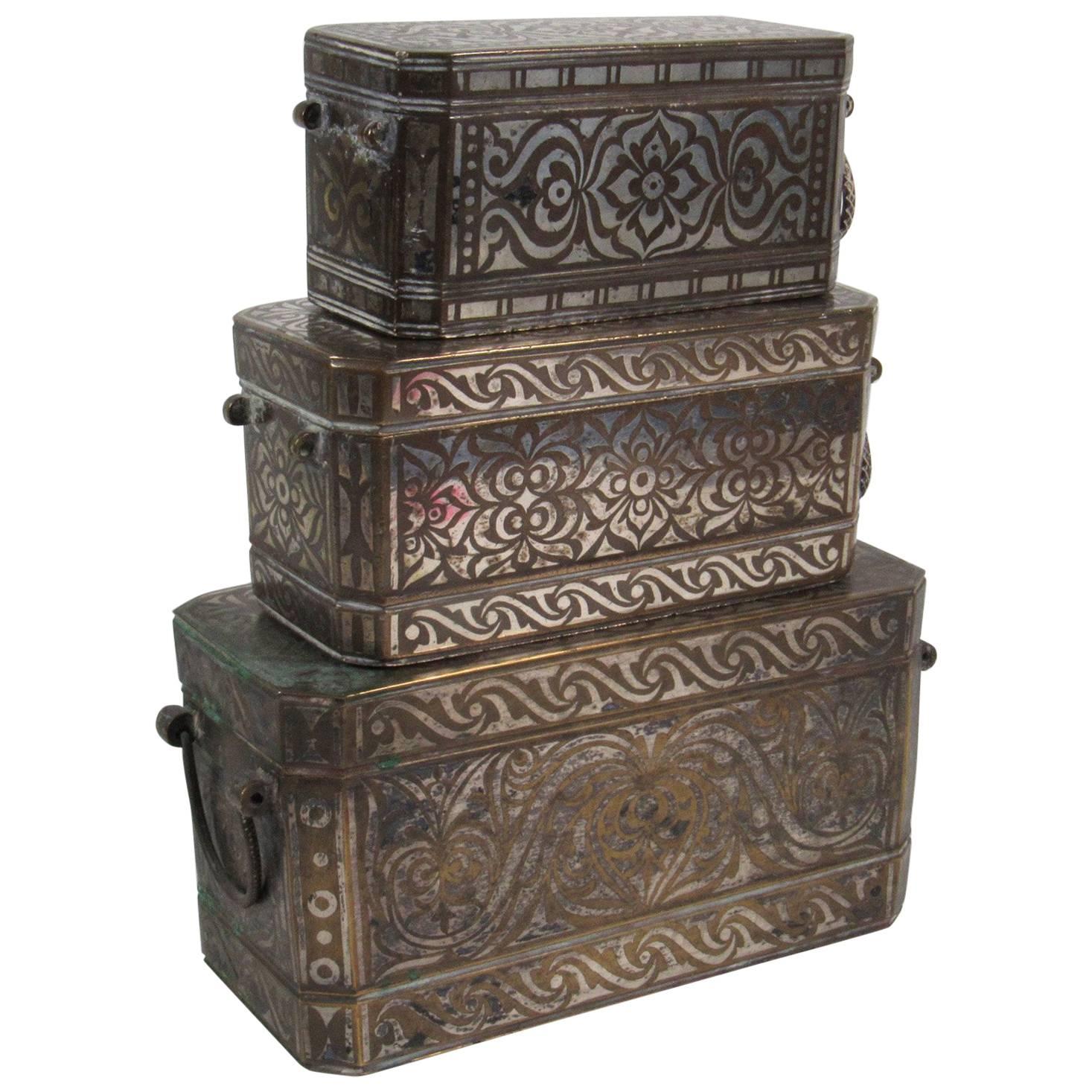 Three Antique Graduated Silver and Bronze Inlaid Betel Nut Boxes