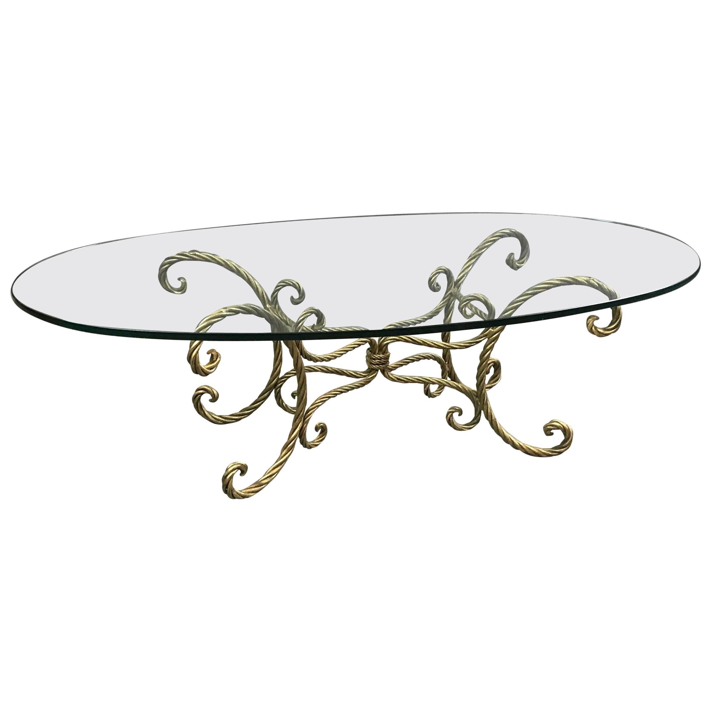 Italian Midcentury Gilt Braided Rope and Oval Glass Coffee Table For Sale