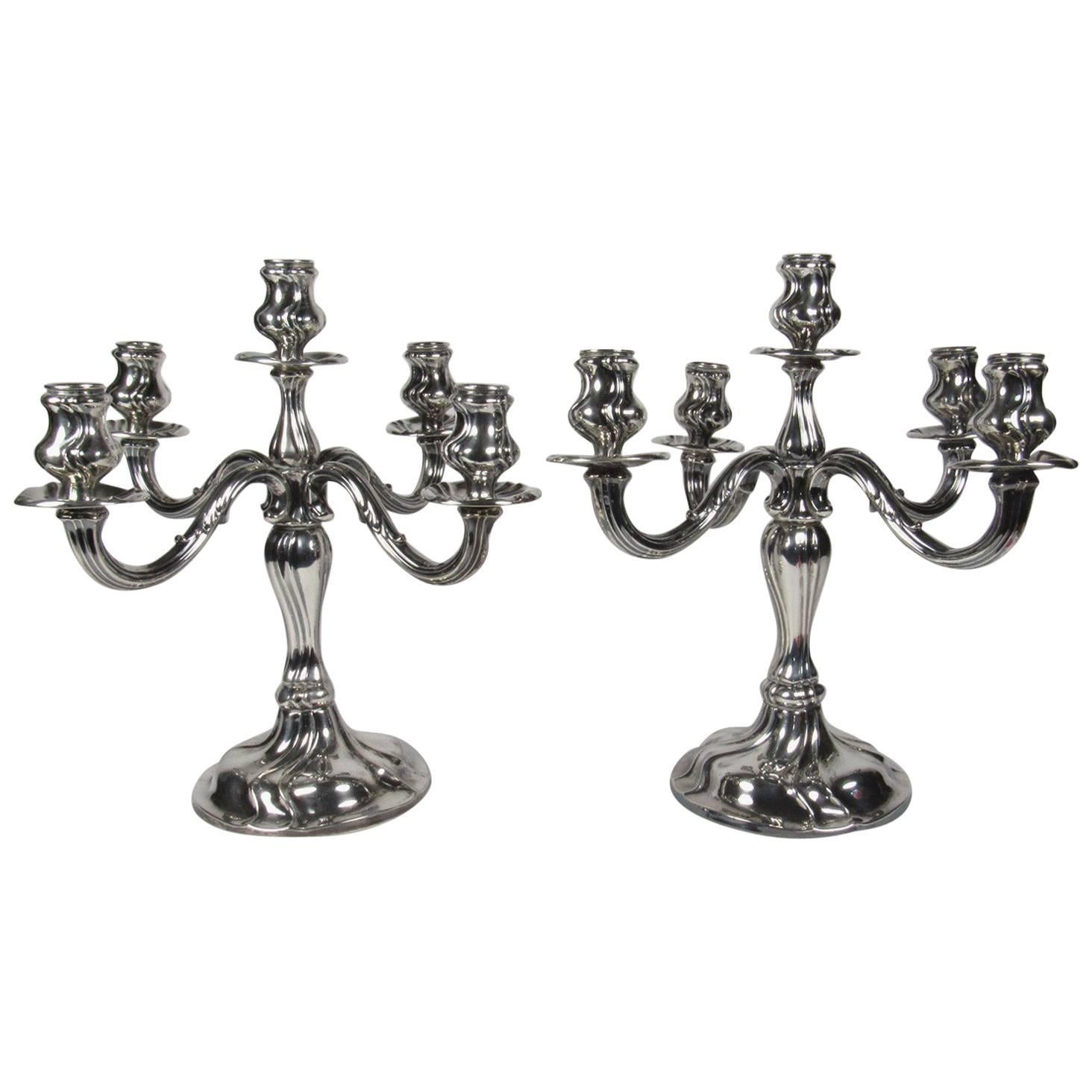 Pair of Otto Wolter Art Nouveau German 800 Silver Five-Light Candelabra