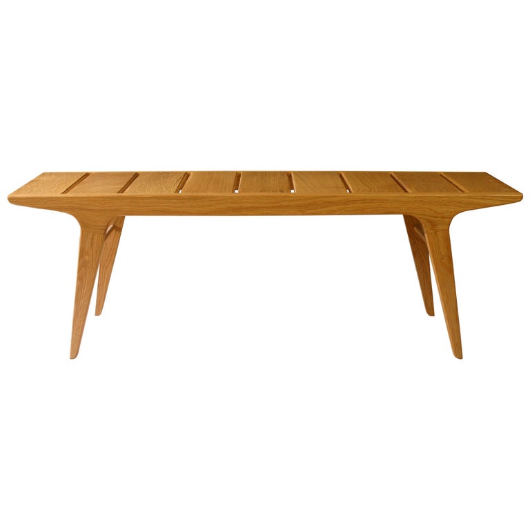 Found Long Bench In Grey Marble Steel Gold Leaf And Dyed Solid Modern Slat Bench In White Oak With Oil And Wax Finish