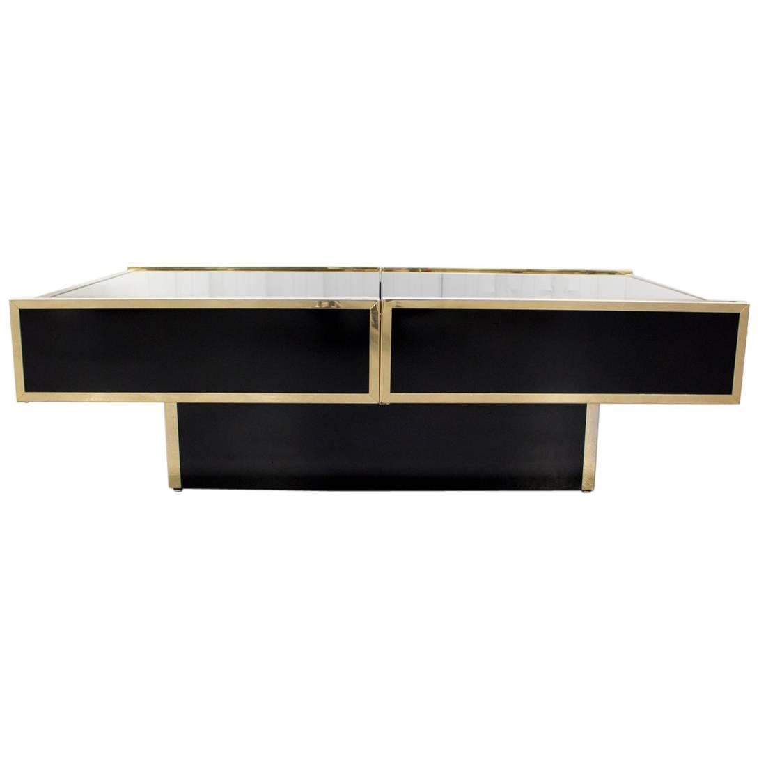 Willy Rizzo Black and Brass Coffee Table with Hidden Mirrored Bar Inside