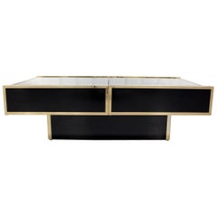 Willy Rizzo Black and Brass Coffee Table with Hidden Mirrored Bar Inside