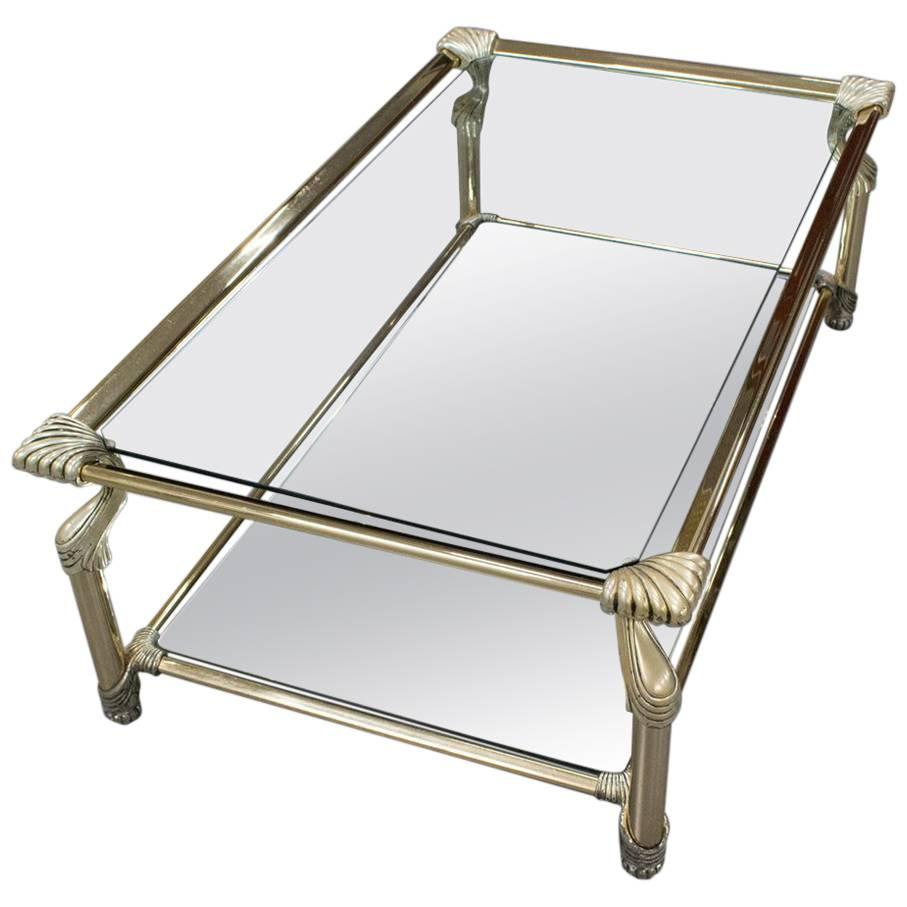 Brass-Framed Coffee Table with Glass and Mirror Inlay by Muebles Curvasa For Sale