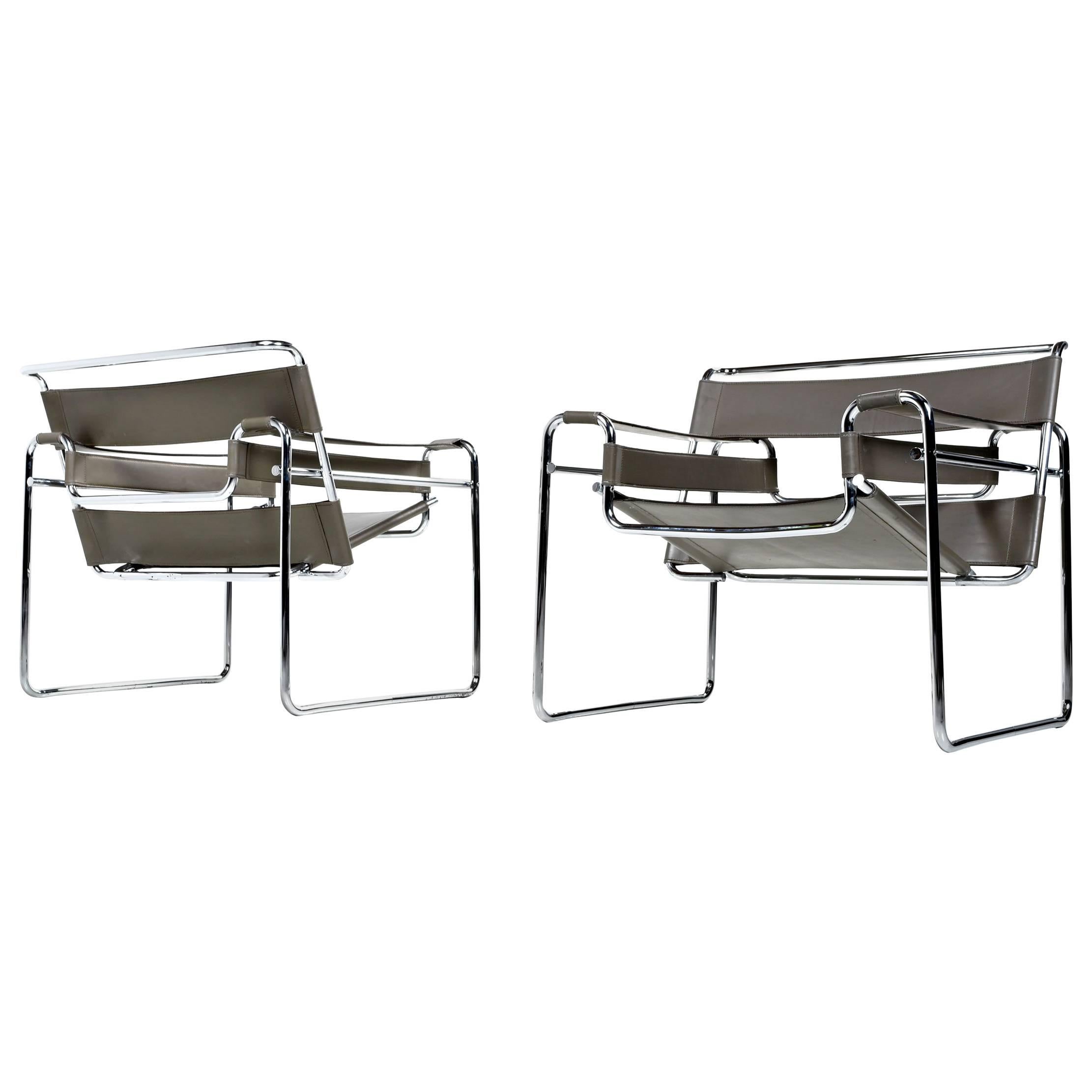 Pair of Vintage Leather and Chrome Marcel Breuer Style Wassily Chairs