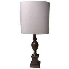 20th Century French Table Lamp Made of Turned Mahogany and Oak with Grey Shade