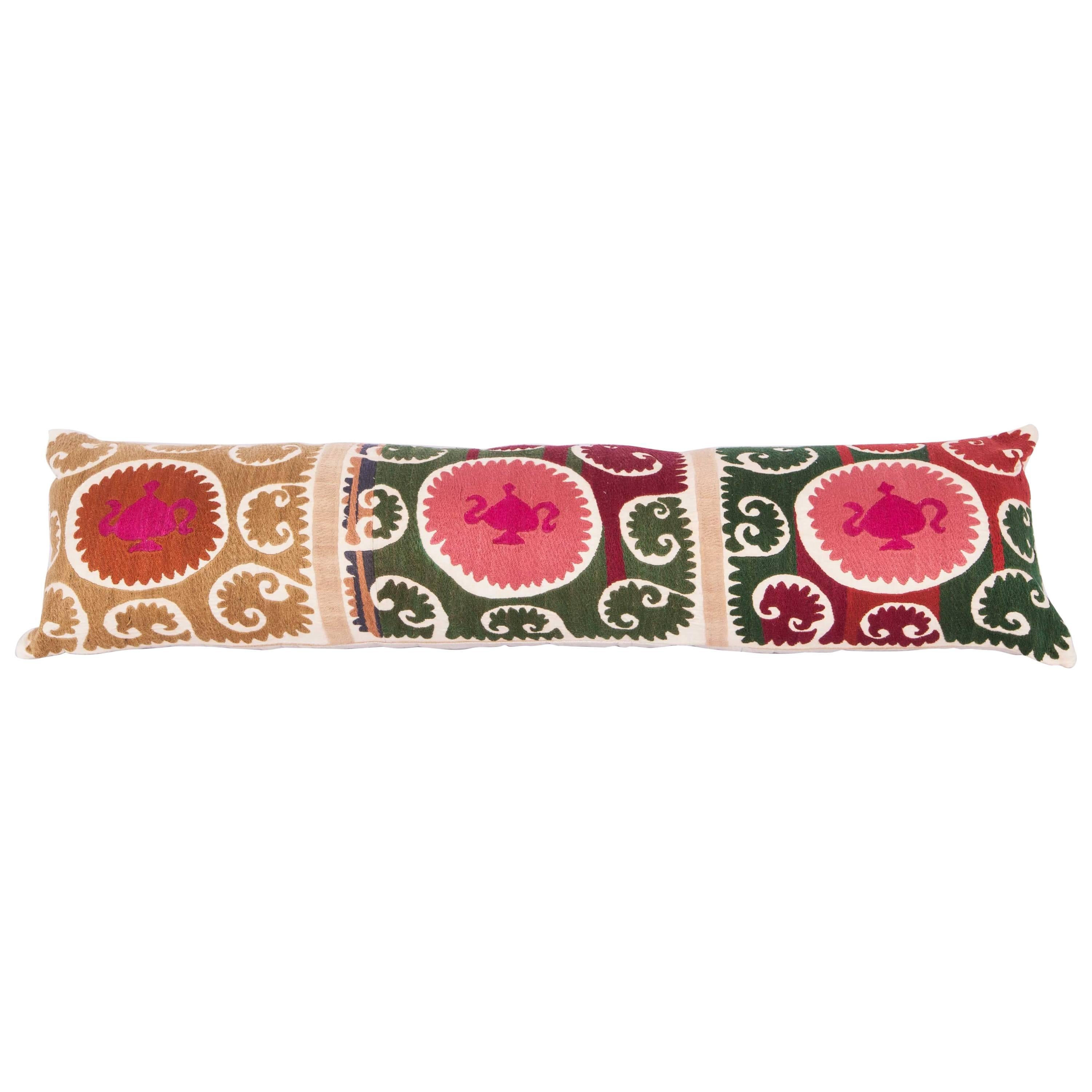 Long Pillow Case Made Out of a Mid-20th Century Uzbek Samarkand Suzani For Sale