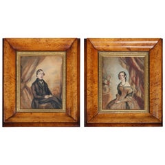 Pair of English School Watercolor Portrait Paintings, Bird
s-Eye Maple Frames