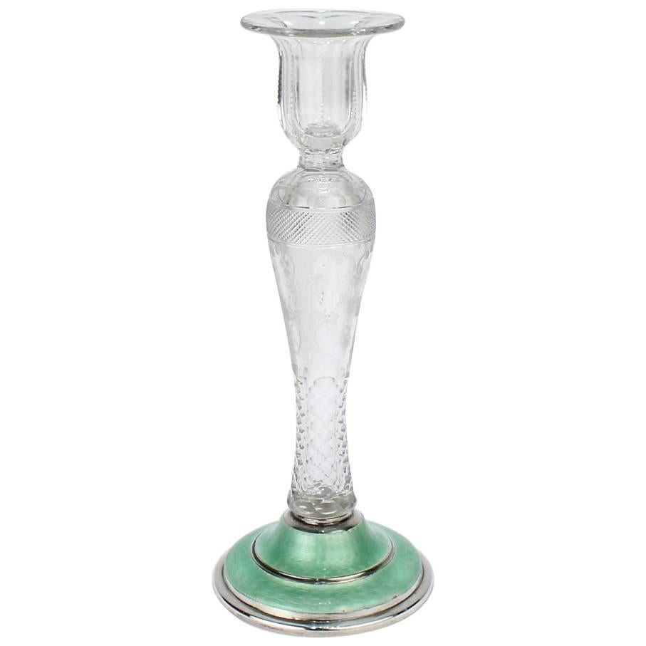 Ancien bougeoir américain en verre taillé brillant et émail guilloché en argent sterling