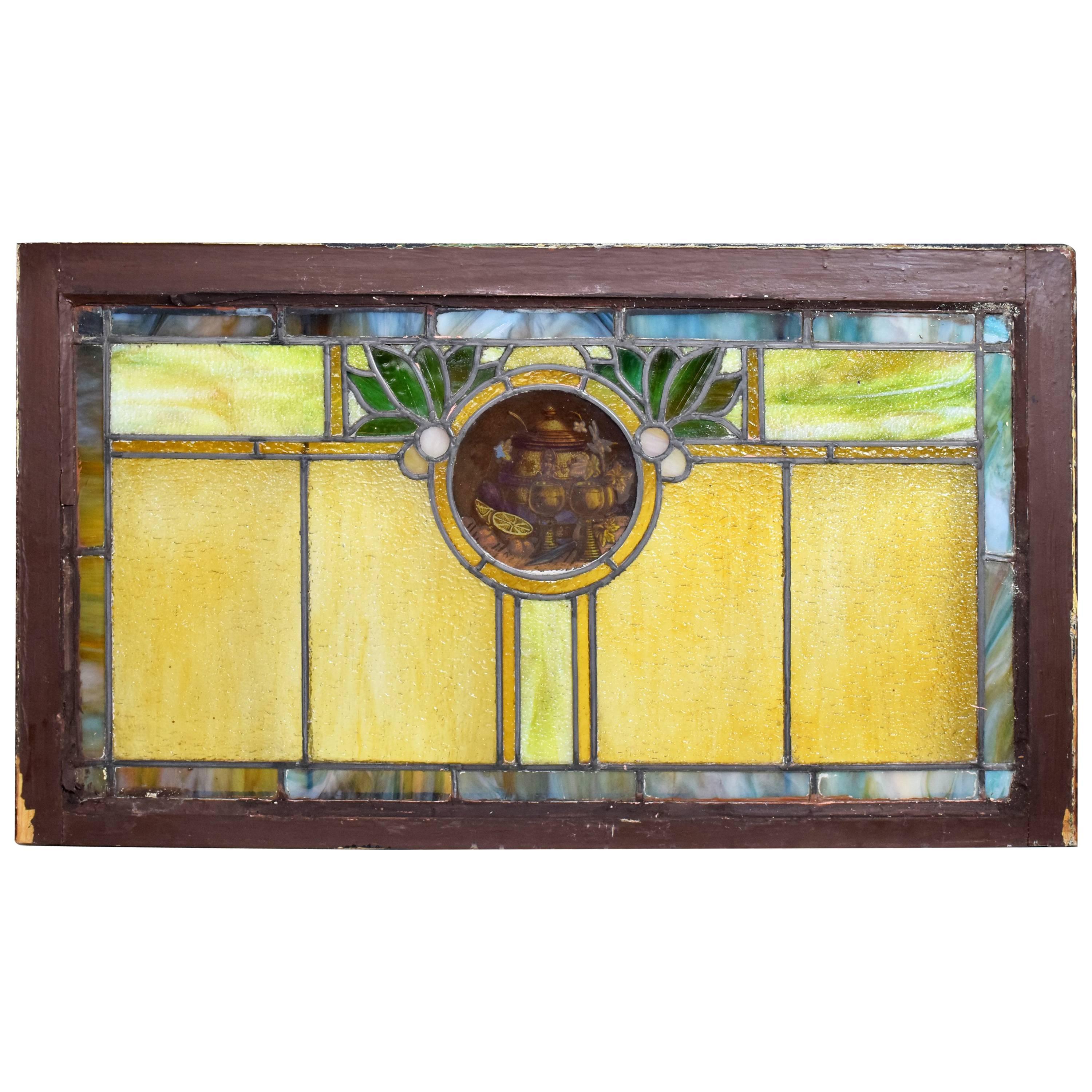 Arts and Crafts Window with Hand-Painted Rondelle For Sale