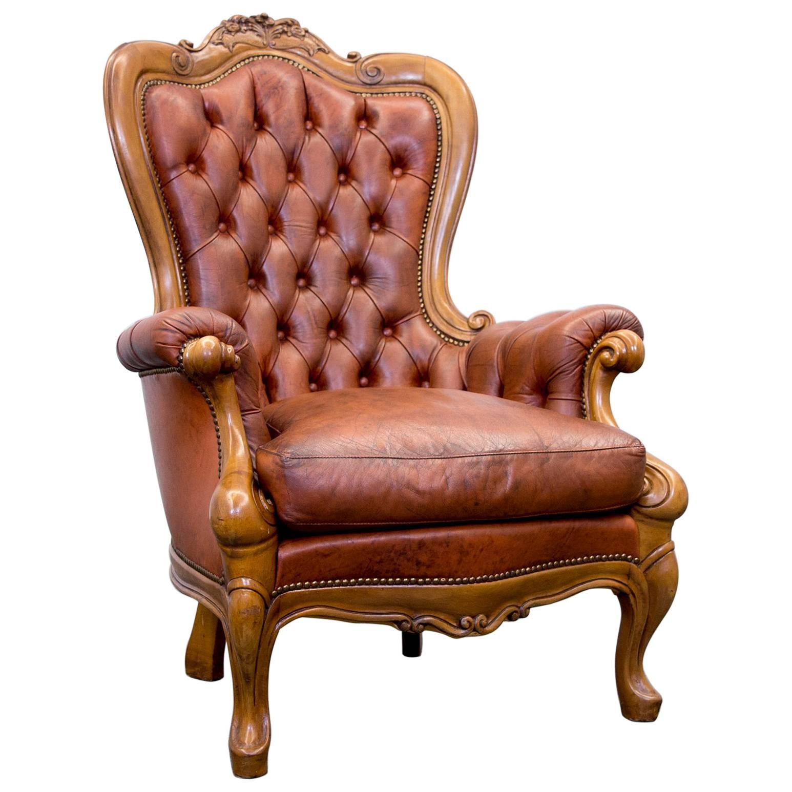 Chesterfield Armchair Leather Brown One Seat Wood Barock Vintage Retro For Sale