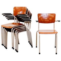 Gispen Stacking Plywood Armchairs with Bakelite Arm Rests