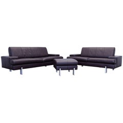Rolf Benz Designer Leather Sofa Set Aubergine Lilac Purple Two-Seat Couch Modern