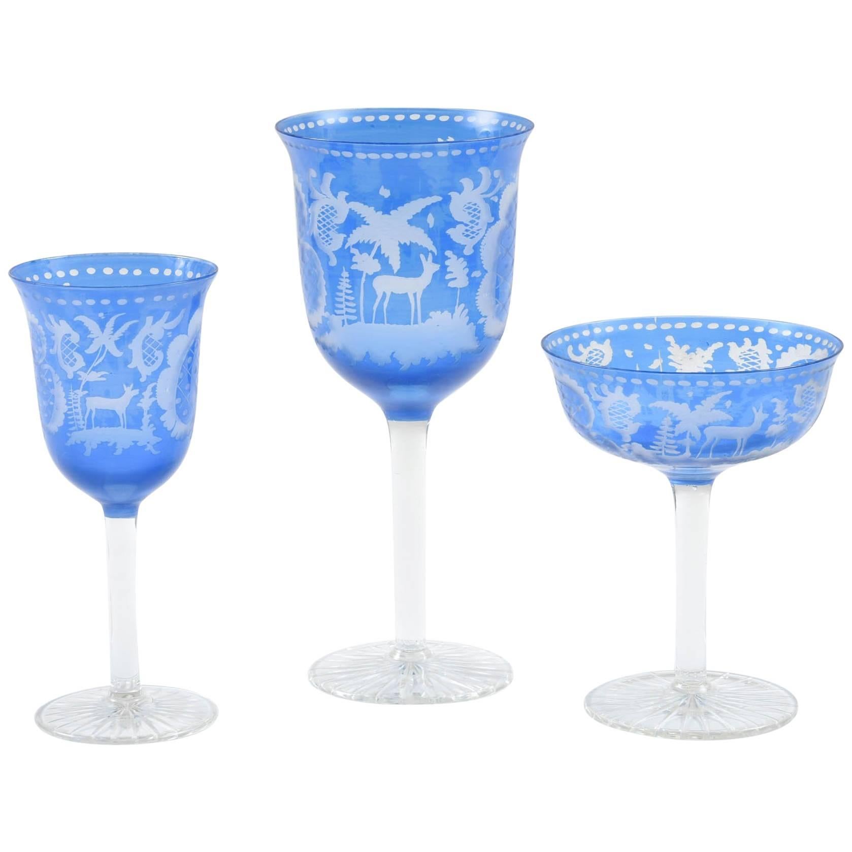 Blue Crystal Stemware Service for 12, Great Color & Goblet Size. Antique & Rare