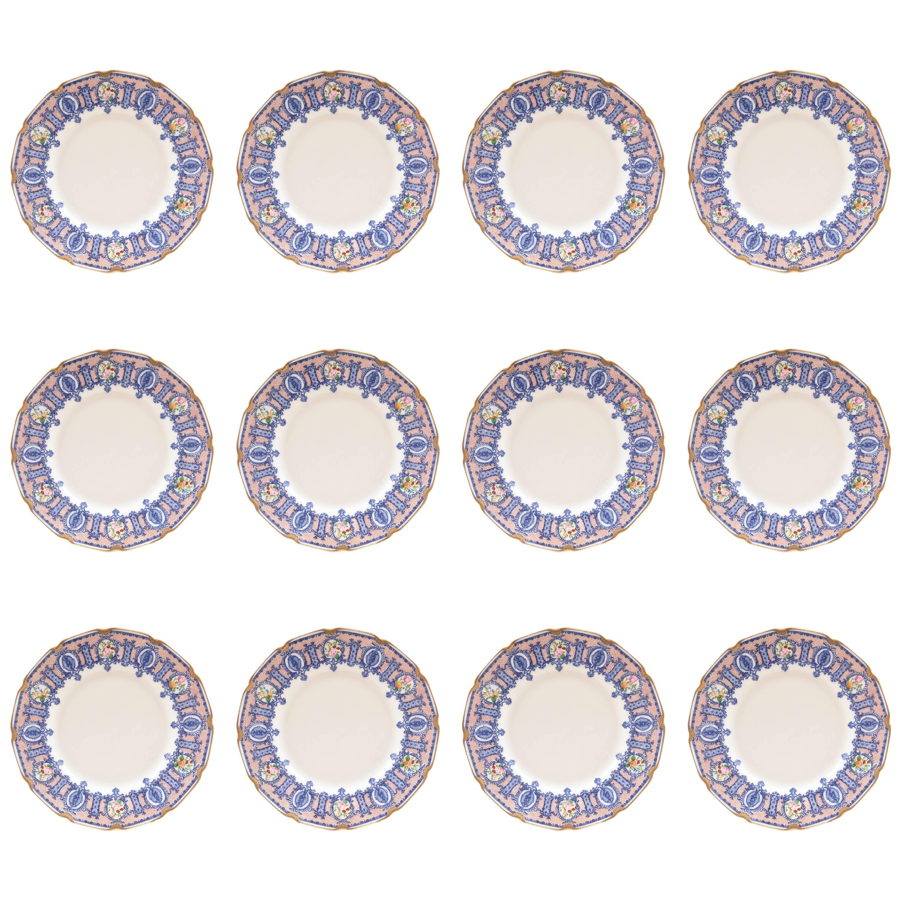 12 Antique Dessert Plates, Blue with Roses, Custom Ordered Marshall Fields