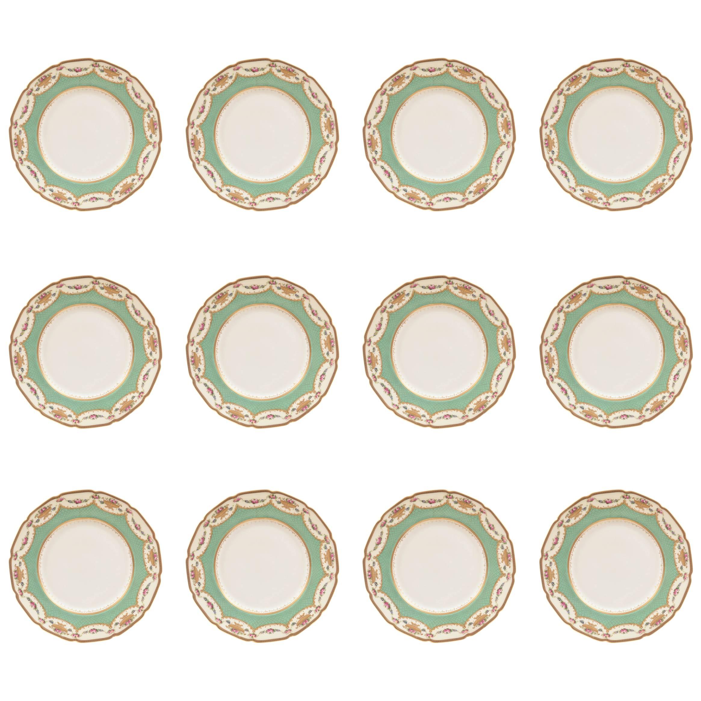 12 Antique Dinner Plates, Royal Doulton England, Nice Shape, Soft Green & Gilt