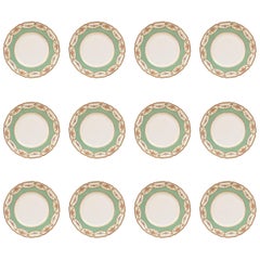 12 Antique Dinner Plates, Royal Doulton England, Nice Shape, Soft Green & Gilt