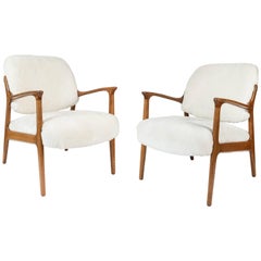 Mid-Century Teak and Shearling Armchairs