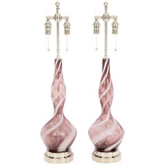 Pair of Amethyst Murano Candy Stripe Lamps