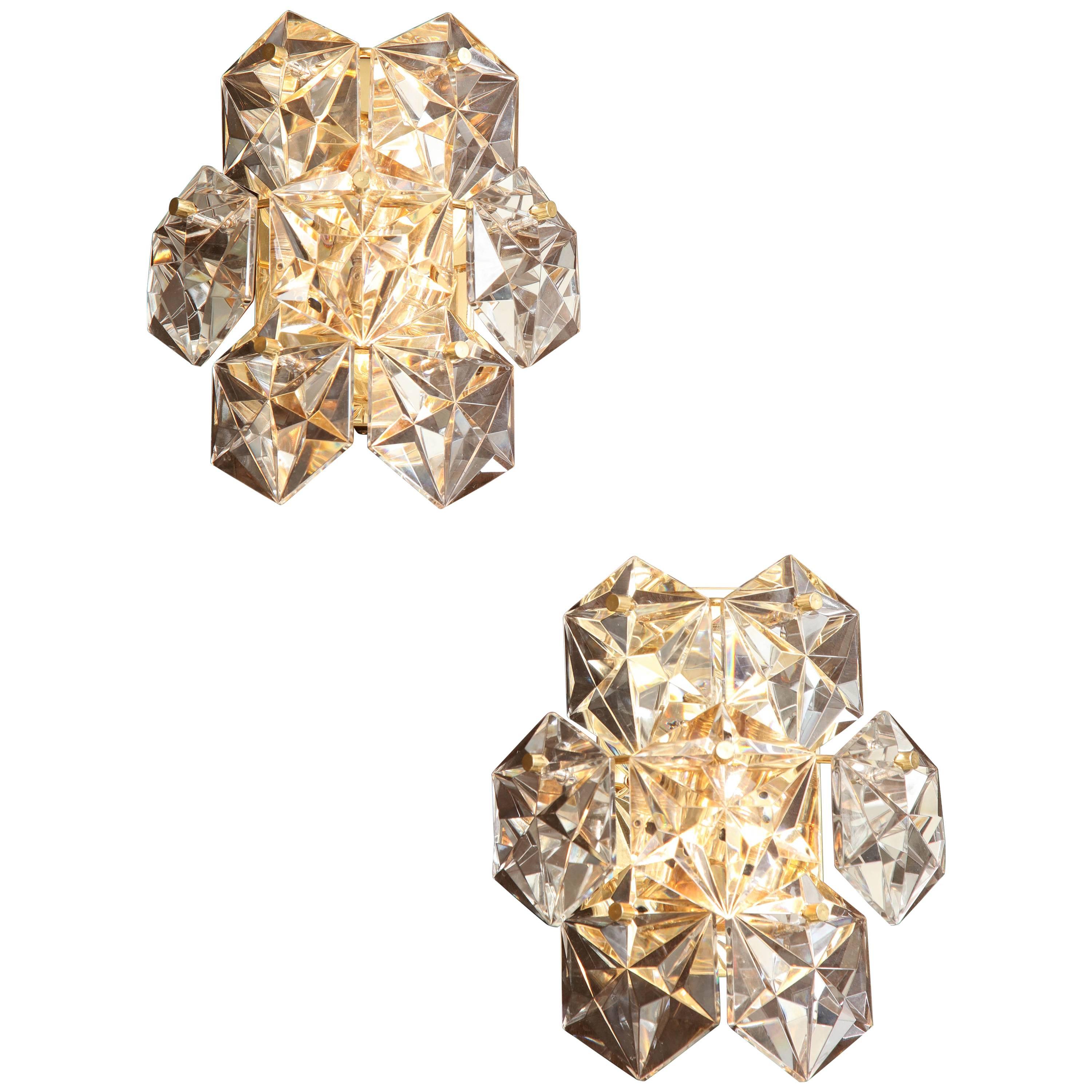 Pair of Faceted Crystal Sconces by Kinkeldey For Sale