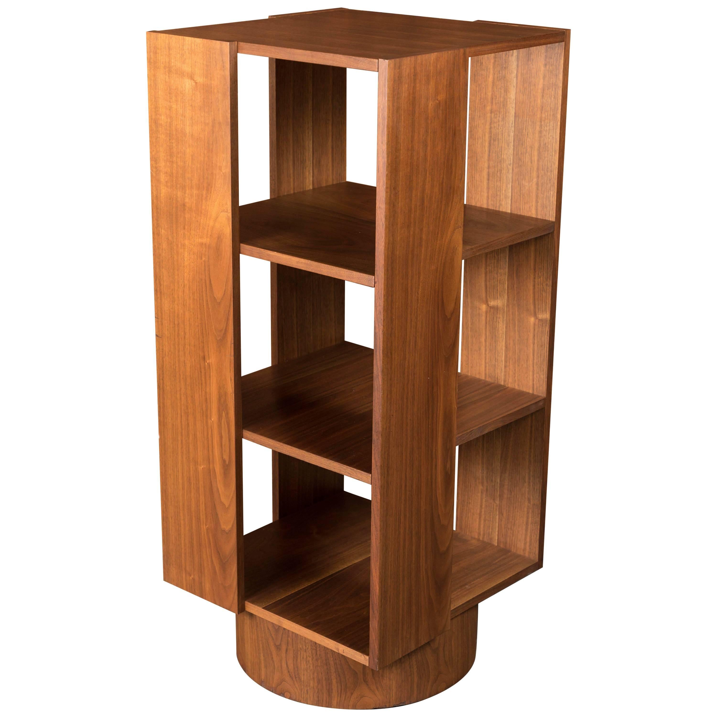 Midcentury Danish Walnut Revolving Bookshelf, Fits Records Too