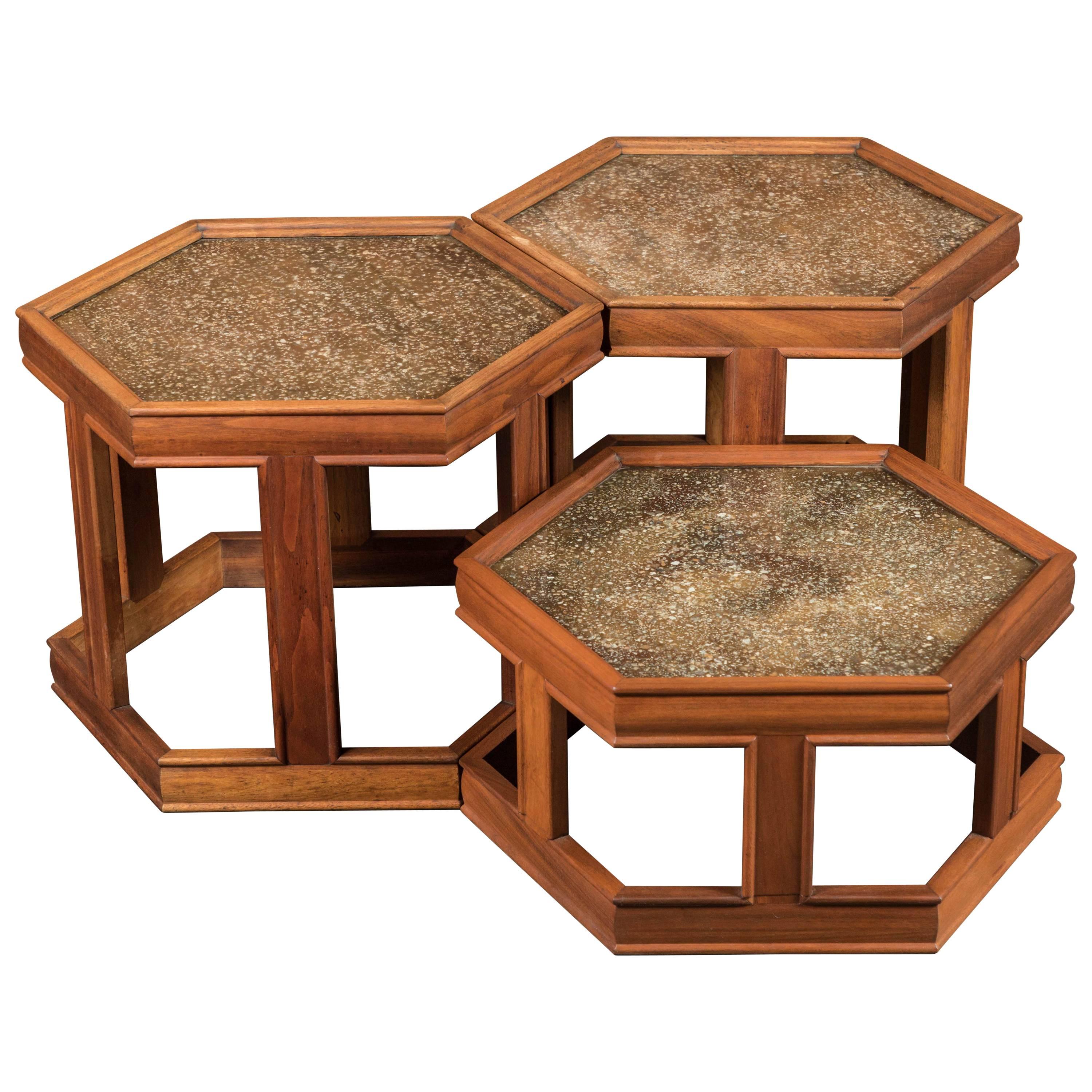 Three Mid Century Hex Walnut & Copper Side Tables by John Keal for Brown Saltman For Sale