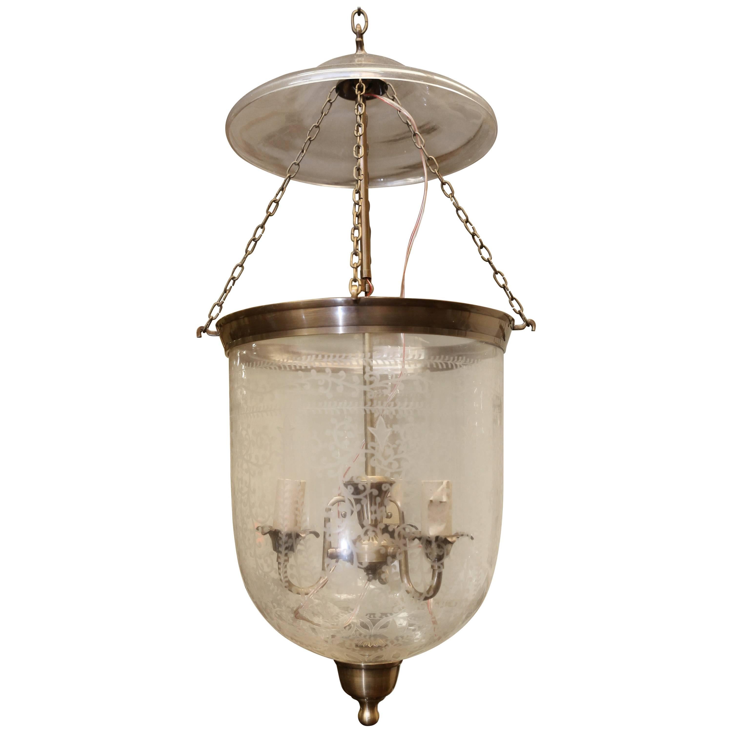 Mouth Blown Hand Etched Crystal Glass Bell Jar Lantern with Smoke Deflector For Sale