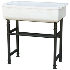 Midcentury Hand-Carved Marble Sink on Hand-Forged Iron Stand