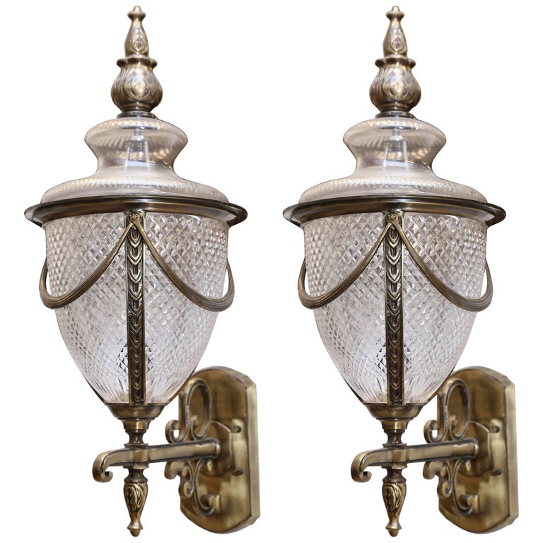Pair of HandCut Crystal Glass Wall Sconces with Cast Brass Trims For