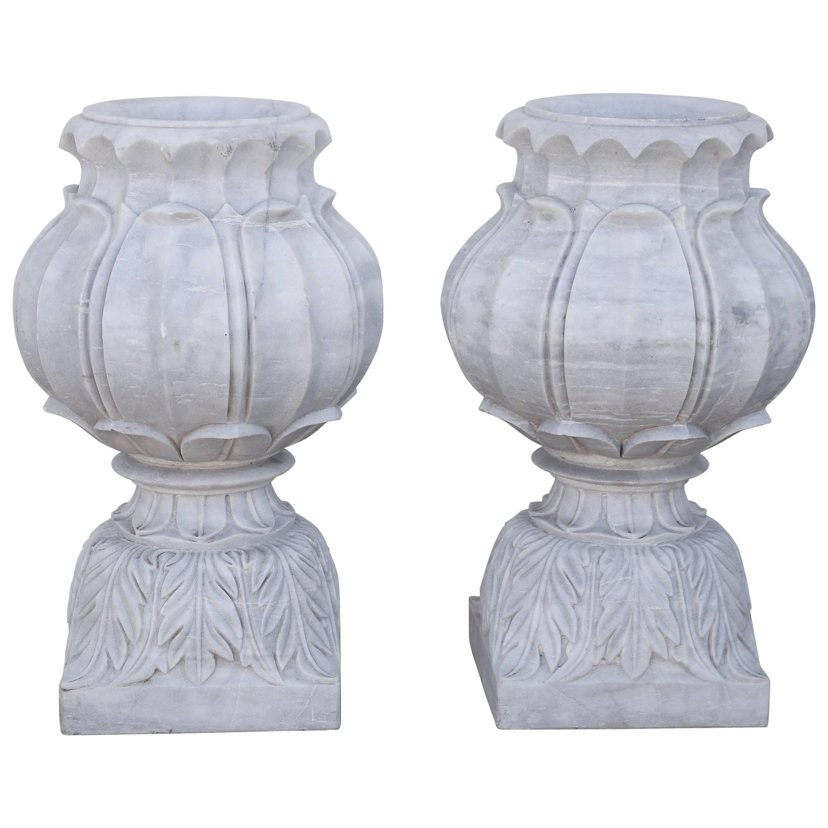 Pair of Hand-Carved Midcentury Two-Part Pure Marble Garden Vases For Sale