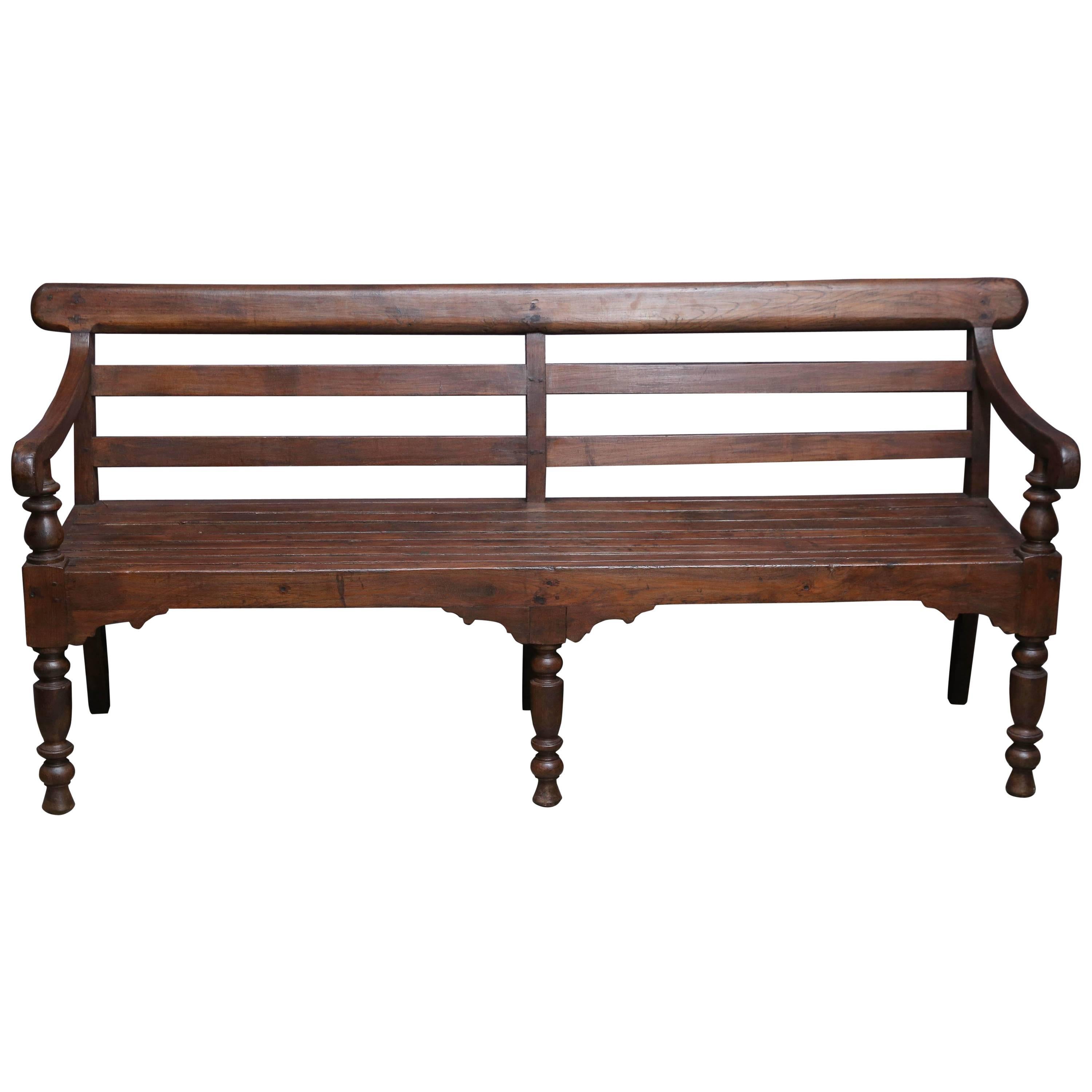 Late 19th Century Solid Teak Wood Bench from a Colonial Tea Plantation