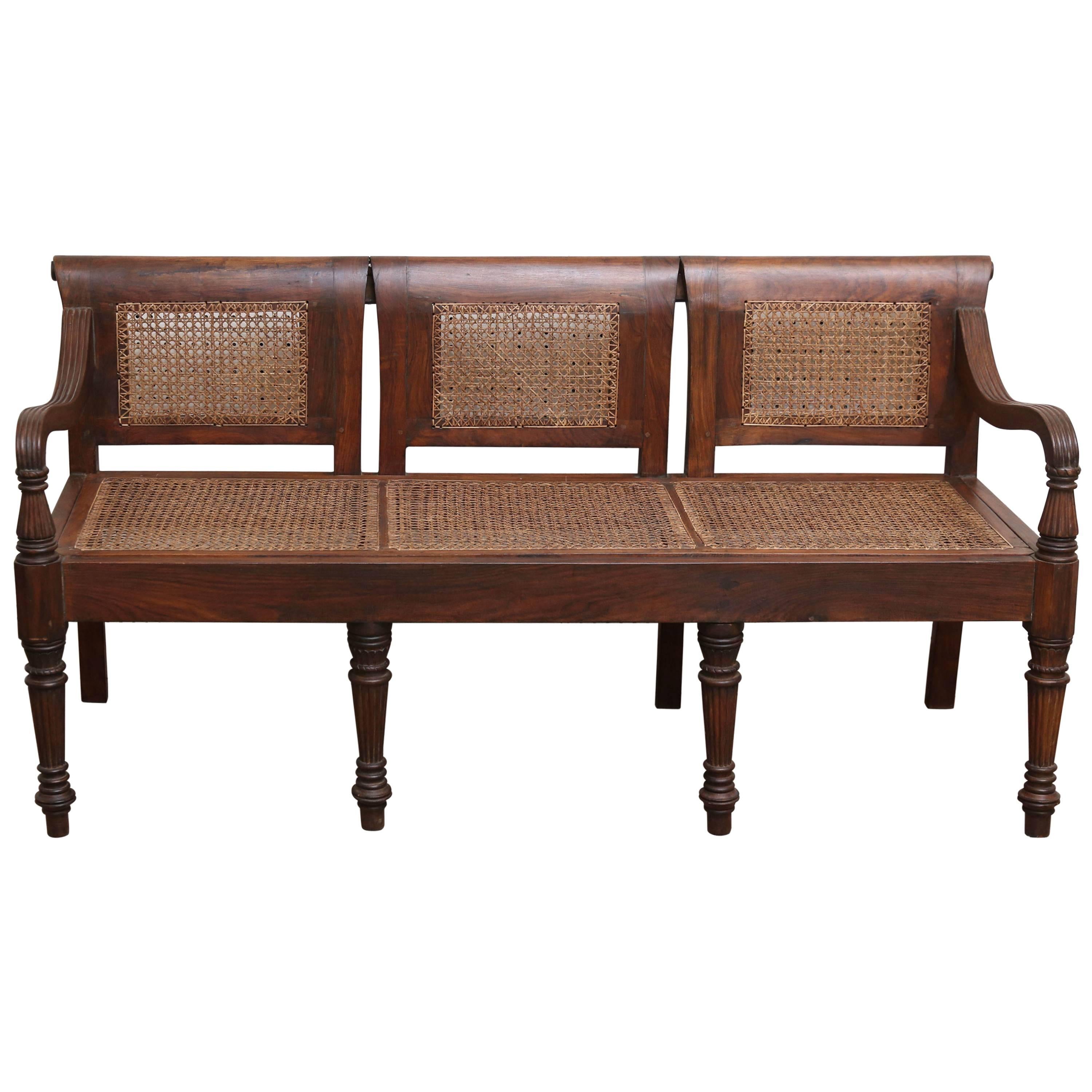 1920s Solid Teakwood and Cane British Colonial Bench from a Tea Plantation
