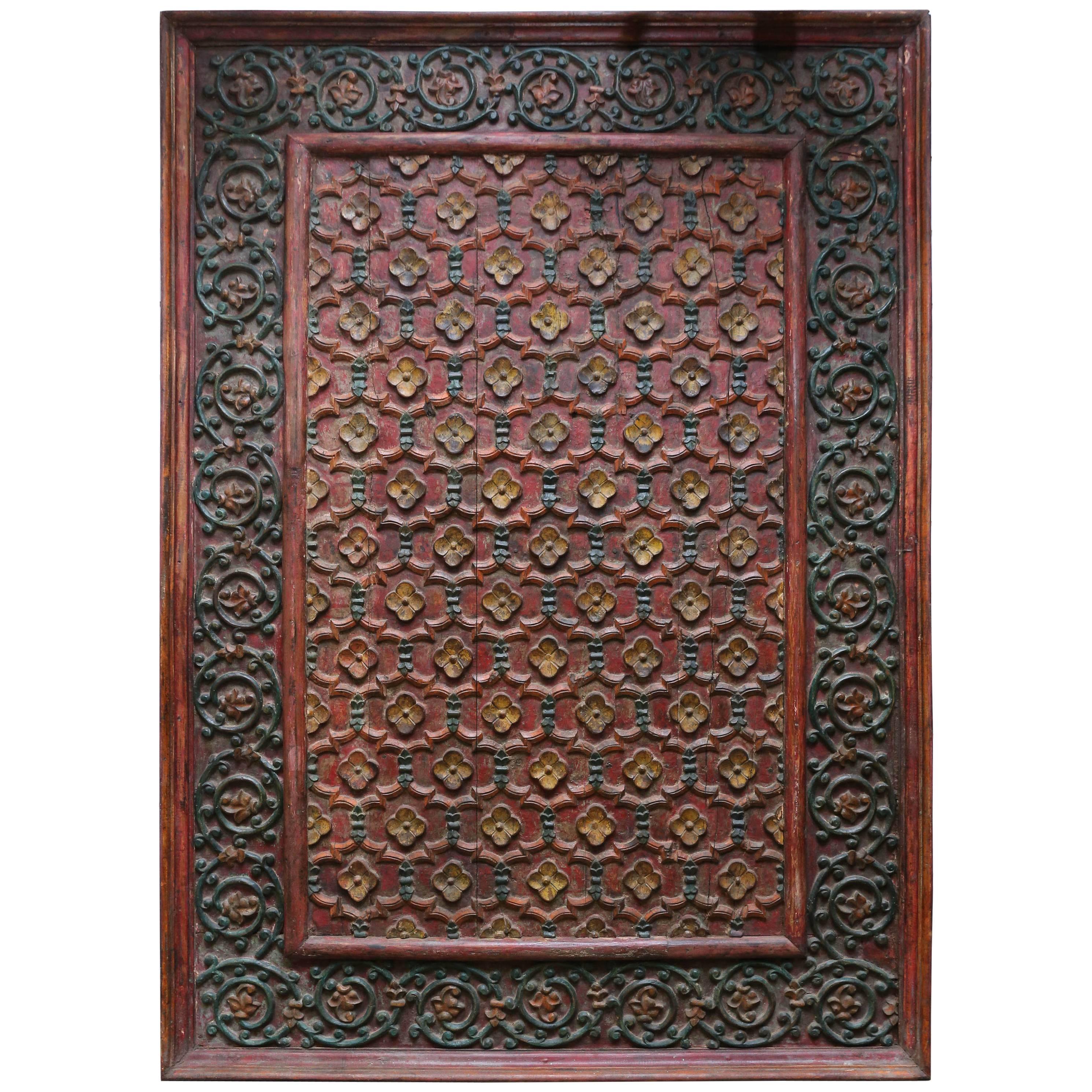 Early 19th Century Highly Carved and Painted Solid Teak Wood Ceiling from a Home
