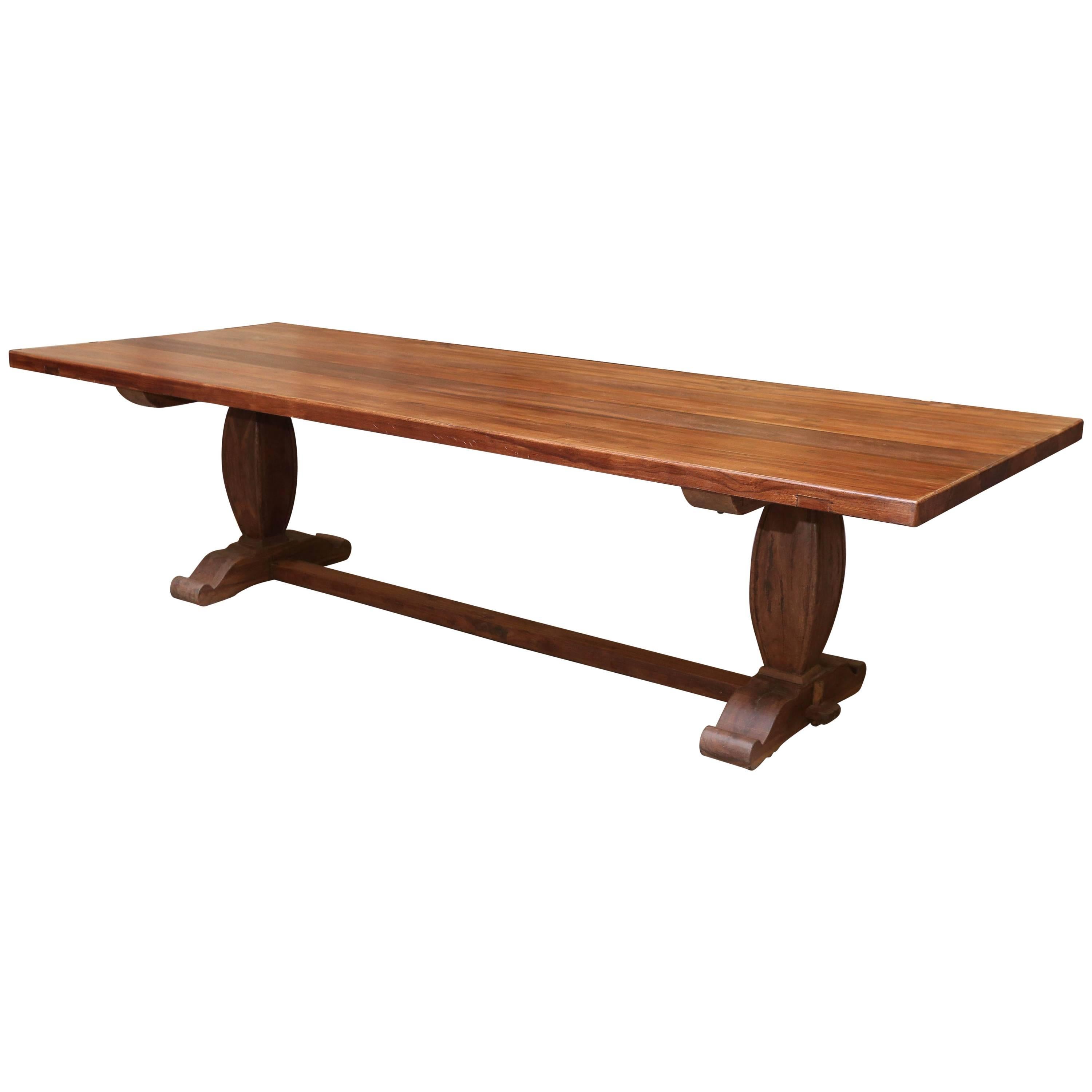 Thick Solid Teak Wood Top Early 20th Century Elegant Plantation Dining Table For Sale