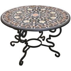 Midcentury Pietra-Dura Round Center Table with Solid Wrought Iron Support