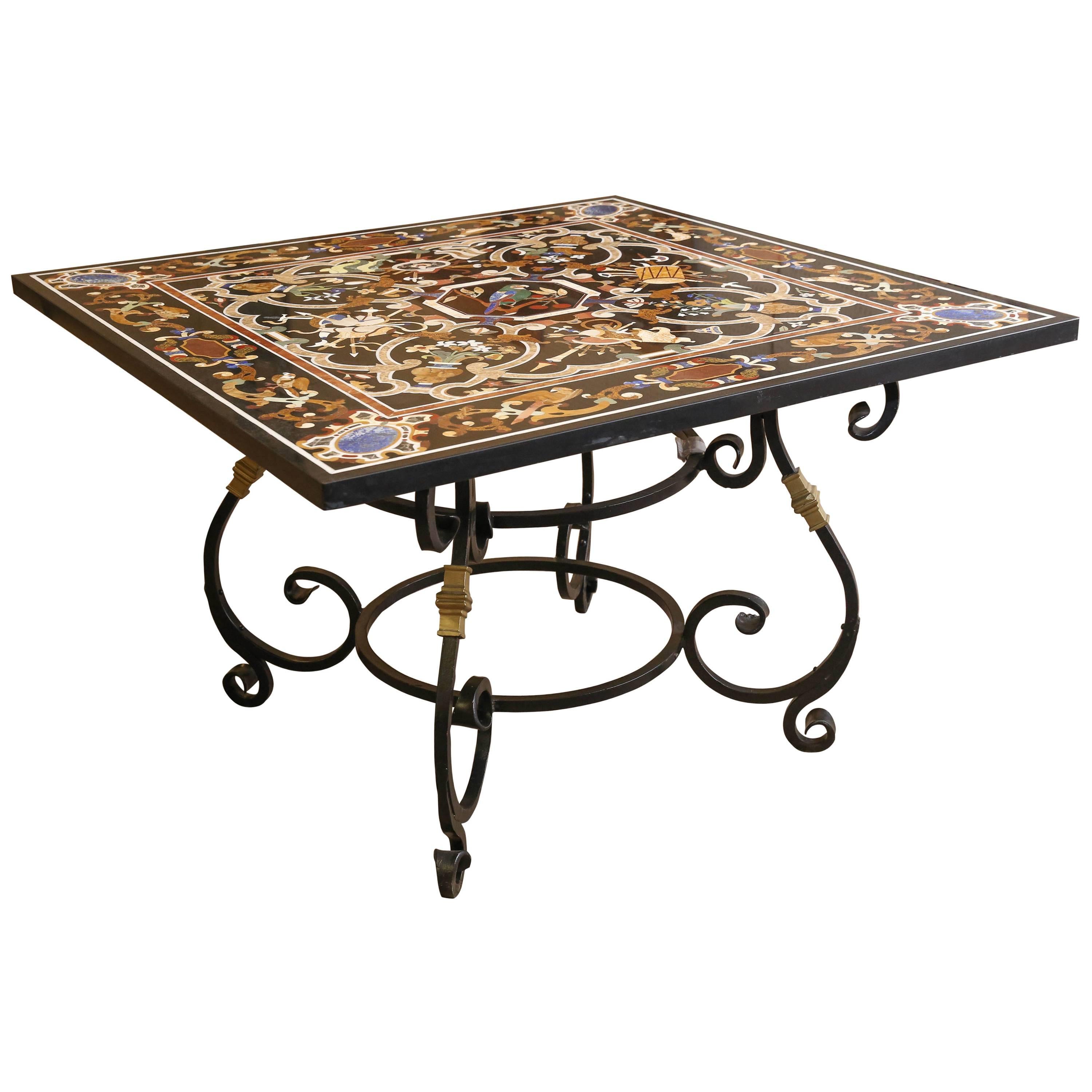 Fine Pietra-Dura Square Black Marble Table with Intricate Inlay Work