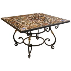 Fine Pietra-Dura Square Black Marble Table with Intricate Inlay Work