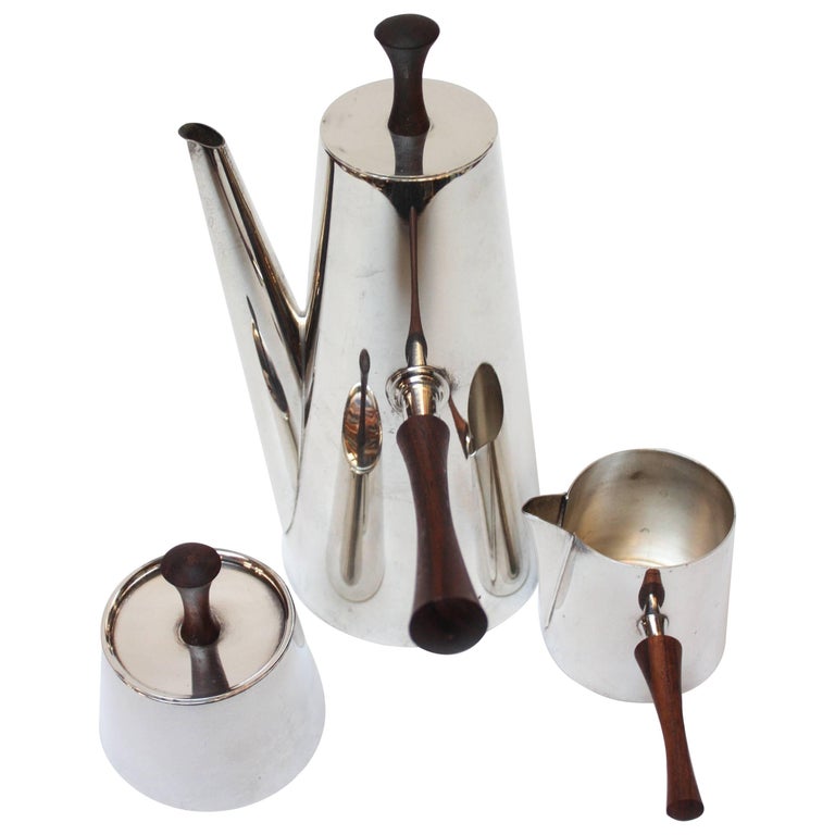 Midcentury Italian Modern Silver Plate and Rosewood Coffee or Tea Set