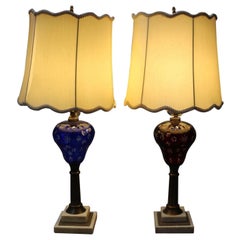 Pair of Antique Cut to Clear Electrified Oil Lamps, Cranberry and Cobalt